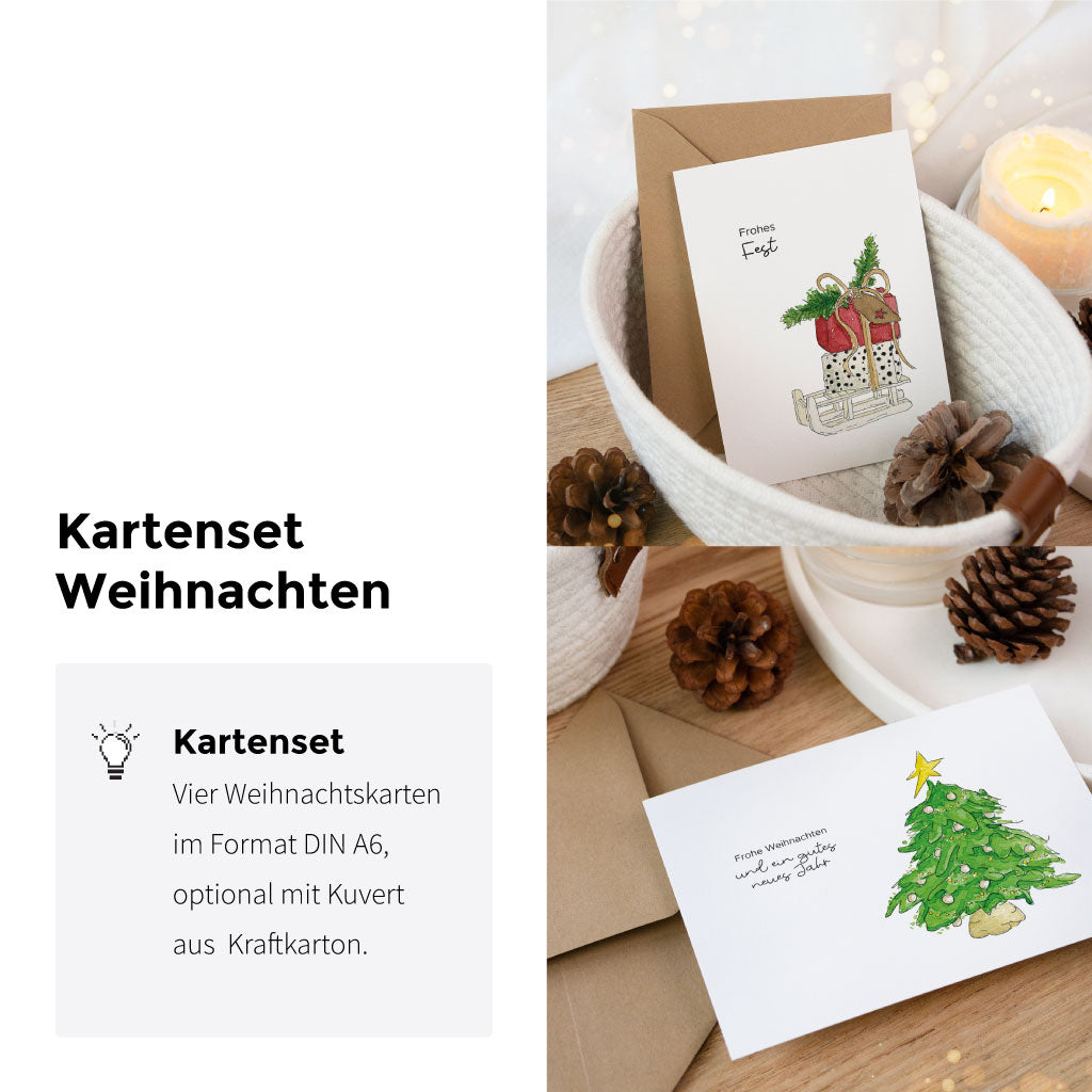 Kartenset Weihnachten mit vier handgemalten Aquarellkarten, festlich dekoriert mit Kerze, Zapfen und Umschlag – ideal zum Weihnachtsgeschenke verpacken oder Versenden.