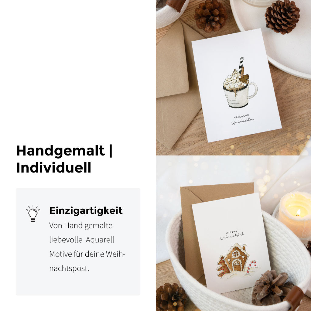 Aquarell Karten Set für Weihnachten: individuelle Grußkarten mit winterlichen Motiven, perfekt für persönliche Weihnachtsgrüße oder kreative Geschenkverpackungen.