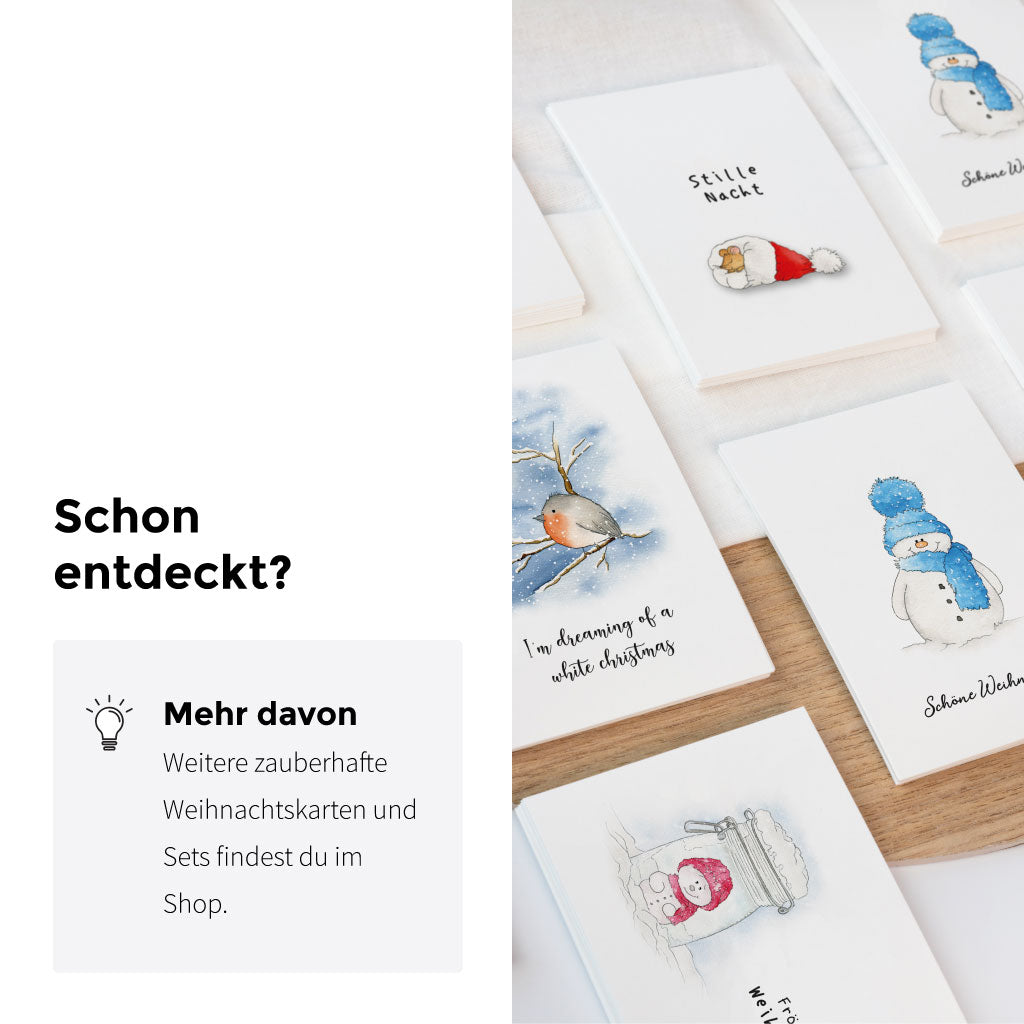 Winter Postkarten im Aquarellstil mit Motiven wie Schneemann, Rotkehlchen und Weihnachtsmütze – ergänzende Designs zum Weihnachtskarten Set.
