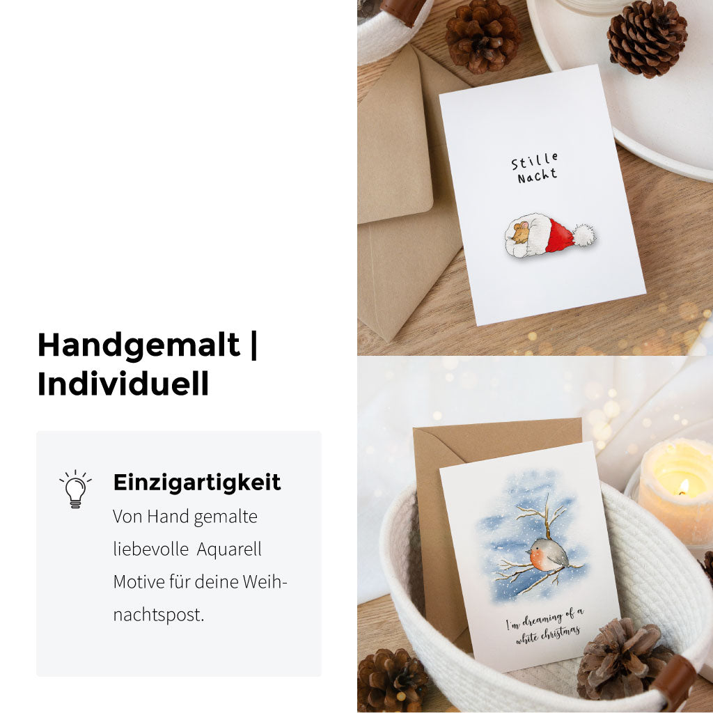 Weihnachtskarten Set mit handgemalten Aquarellen: winterlicher Vogel, Weihnachtsmütze und Schneemann in zarter Farbgebung, perfekt für persönliche Grußkarten zu Weihnachten.