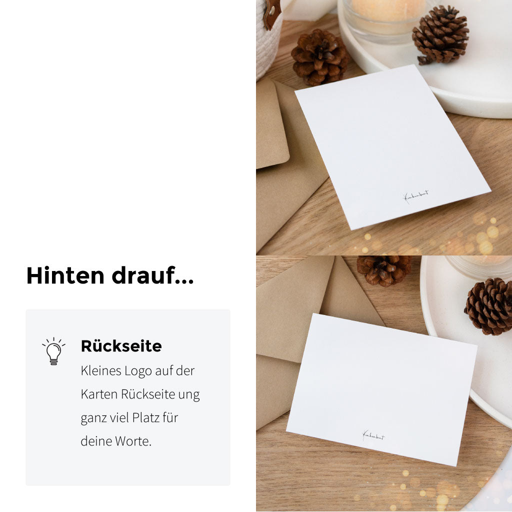 Rückseite der Winter Postkarten mit kleinem Funkenbunt-Logo und viel Platz für persönliche Weihnachtsgrüße – hochwertig und individuell gestaltet.