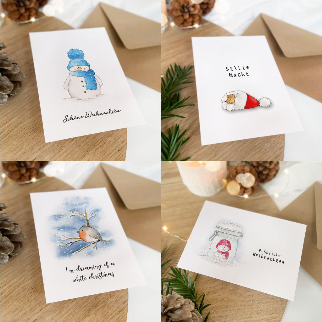 4-teiliges Weihnachtskarten Set mit Aquarell Motiven und Sprüchen