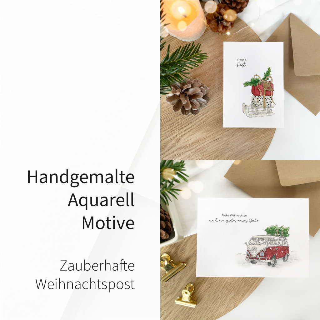 Handgemalte weihnachtliche Aquarell Motive auf Front der Weihnachtskarte