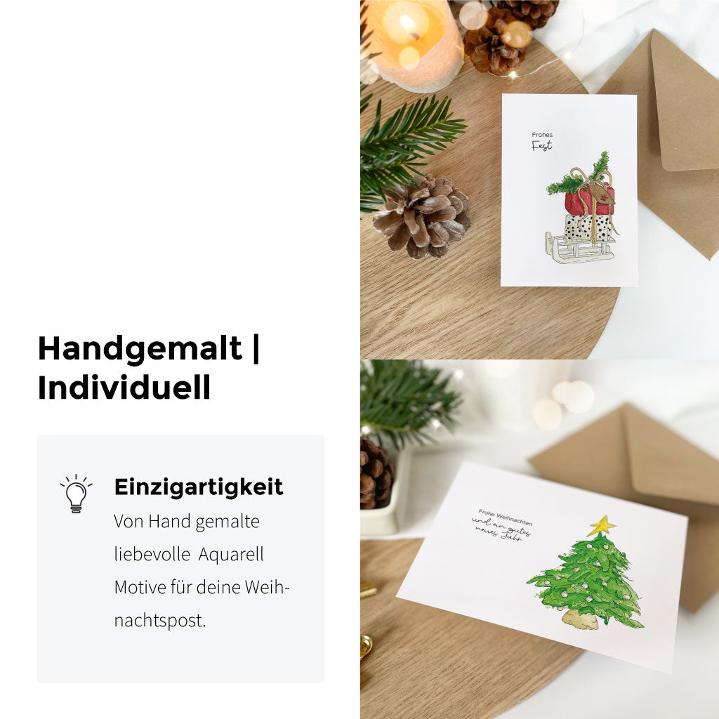 Handgemalte weihnachtliche Aquarell Motive auf Front der Weihnachtskarte