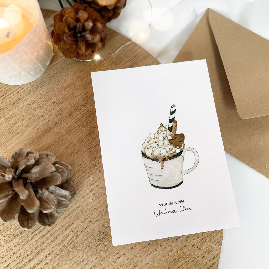 Weiße Weihnachtskarte mit Motiv Heiße Schokolade und Aufdruck "Wundervolle Weihnachten"