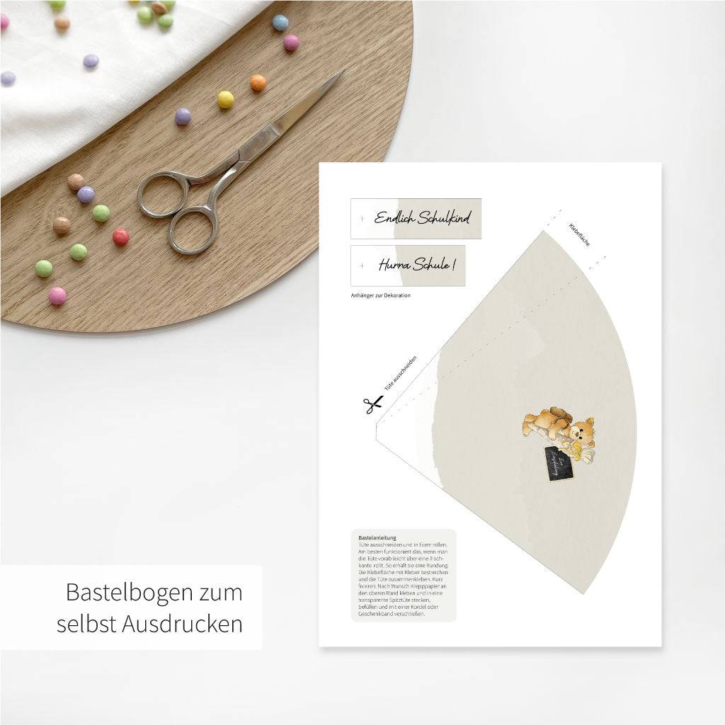 Bastelbogen als pdf Datei mit Schultüte, Anhängern und Anleitung