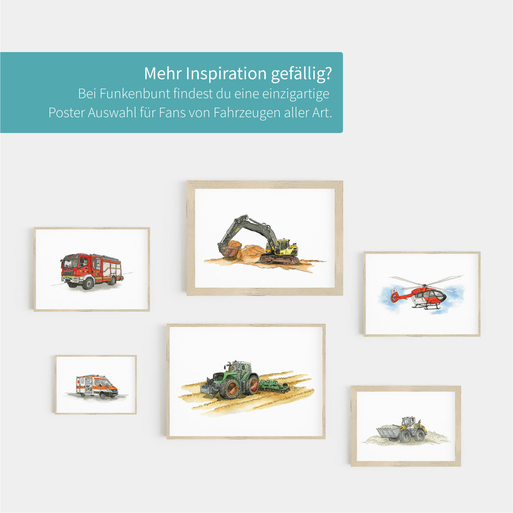Funkenbunt-Farhzeug-Poster-Bilder-Traktor-Bulldog-Bagger-Kipper-Betonmischer-Kinder-Kinderzimmer
