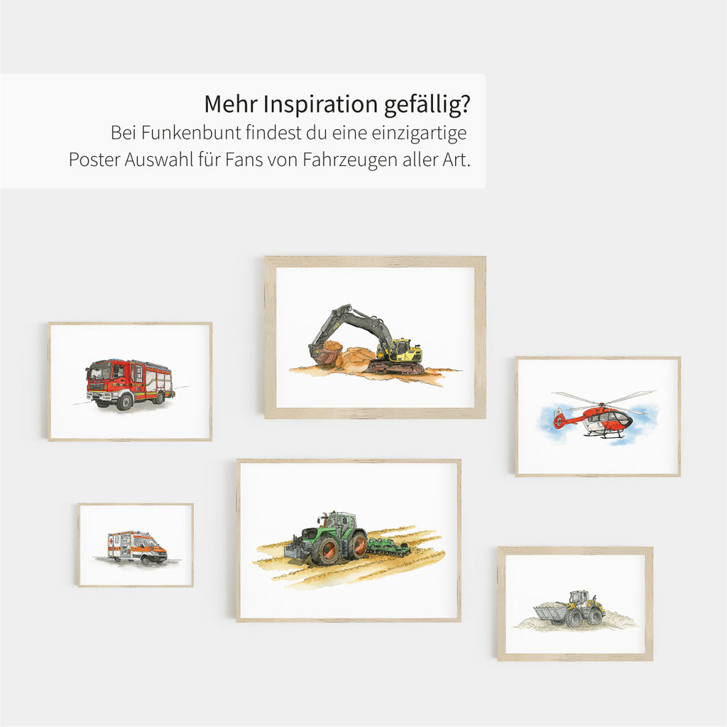 Funkenbunt-Farhzeug-Poster-Bilder-Traktor-Bulldog-Bagger-Kipper-Betonmischer-Kinder-Kinderzimmer