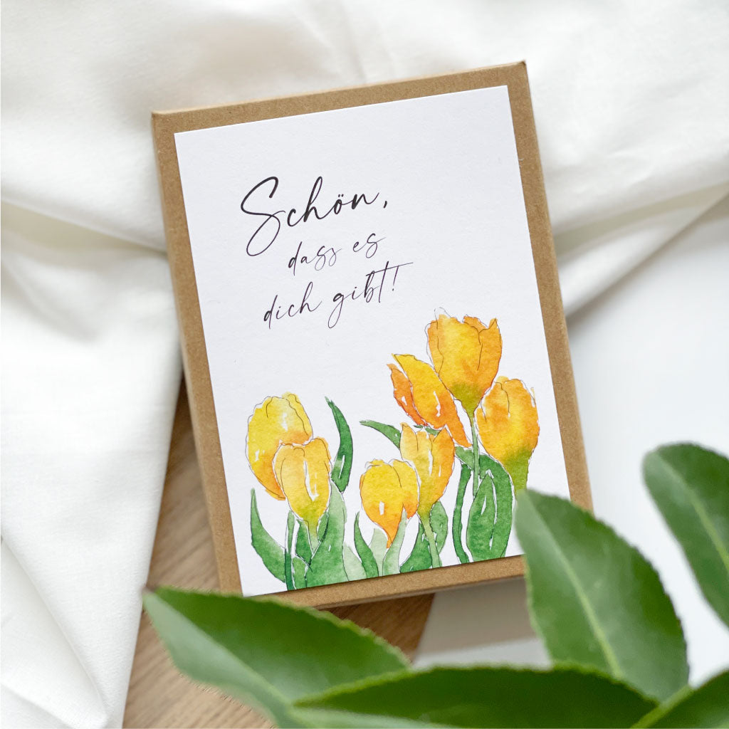 Geschenkbox Schön dass es dich gibt mit gelbem Blumen Aquarell Motiv