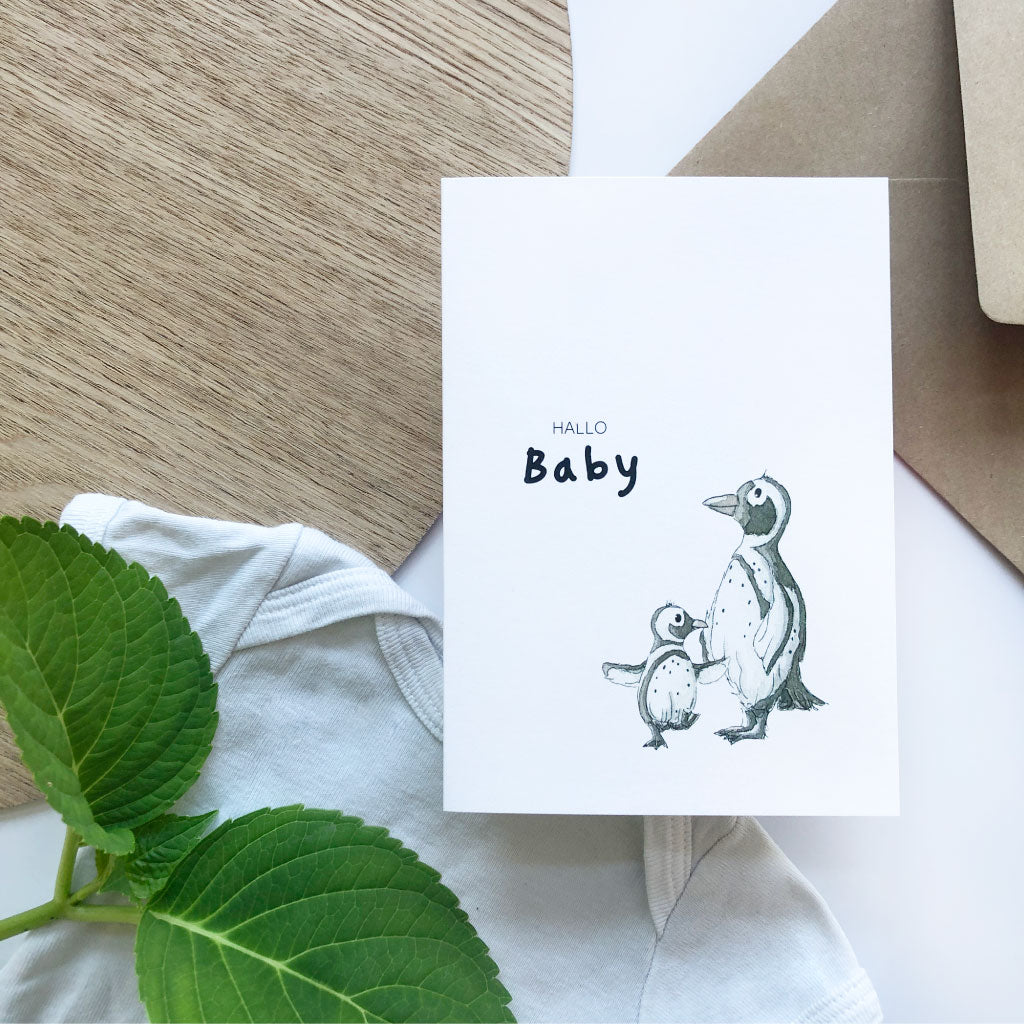Babykarte als Geschenk für frischgebackene Eltern mit Pinguinen
