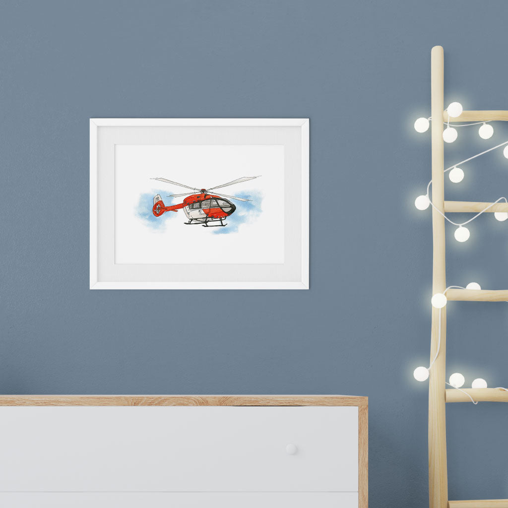 Hubschrauber Poster in weißem Holz Bilderrahmen