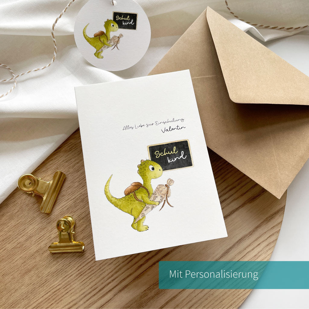 Karte Aquarell Dino und personalisiertem Name und Umschlag aus Kraftpapier