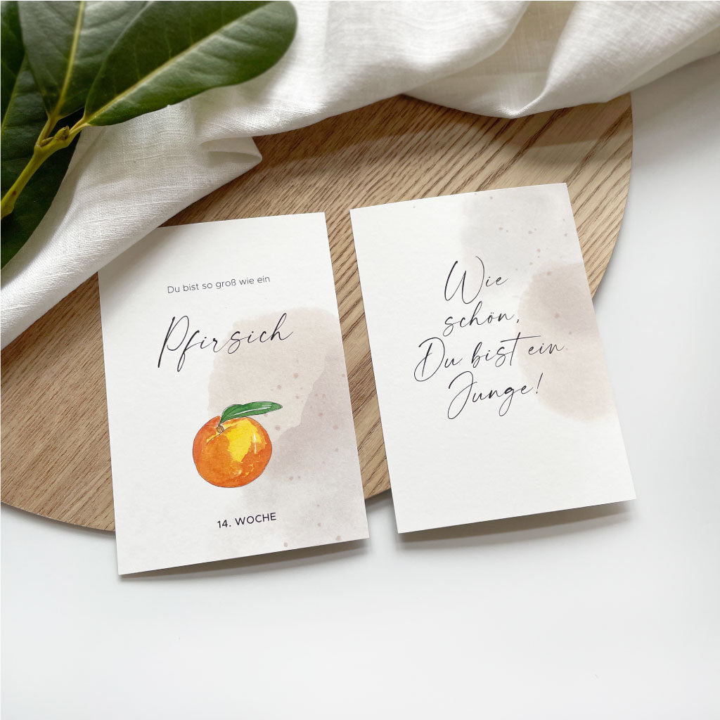 Karten "Du bist so groß wie ein Pfirsich" und "Wie schön, du bist ein Junge" mit handgemalten Aquarell Motiven