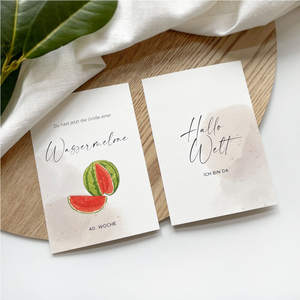 Karten "Du bist so groß wie eine Wassermelone" und "Hallo Welt / Ich bin da" mit handgemalten Aquarell Motiven