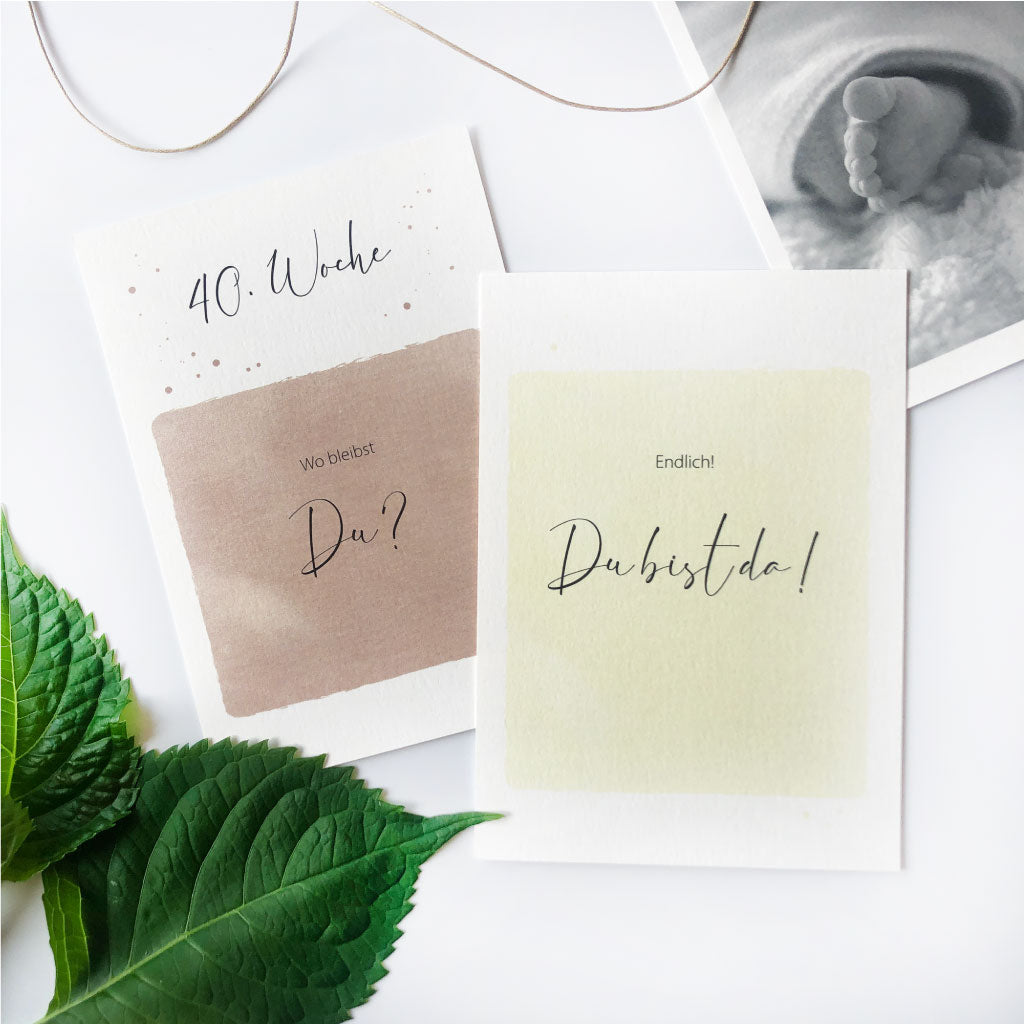Karte "40. Woche, Wo bleibst du?" und "Endlich, du bist da!"
