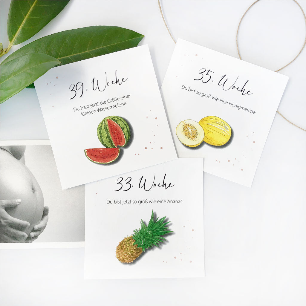 Karten "33. Woche, Ananas", "35. Woche, Honigmelone" und "39. Woche, Wassermelone"