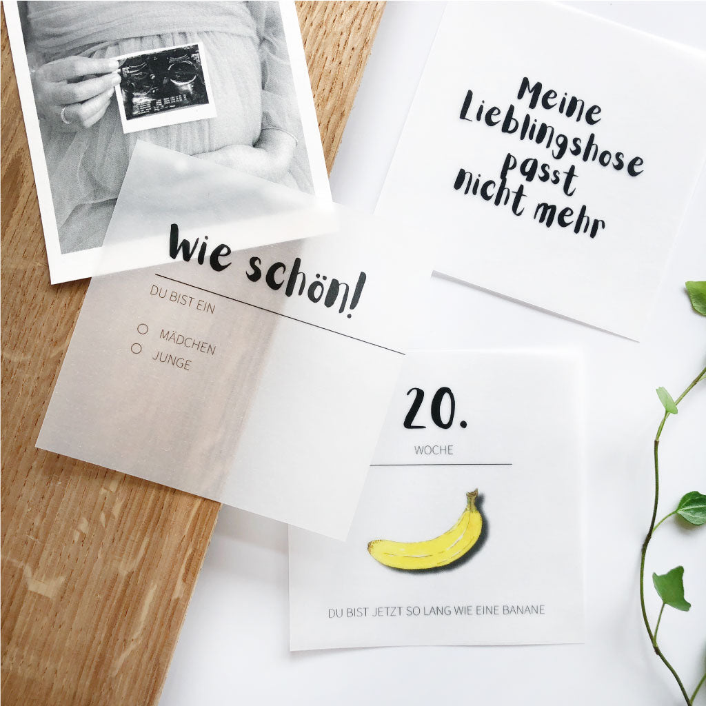 Karten "Wie schön, du bist ein Mädchen / Junge" zum ankreuzen, "Meine Lieblingshose passt nicht mehr" und "20. Woche, Banane"