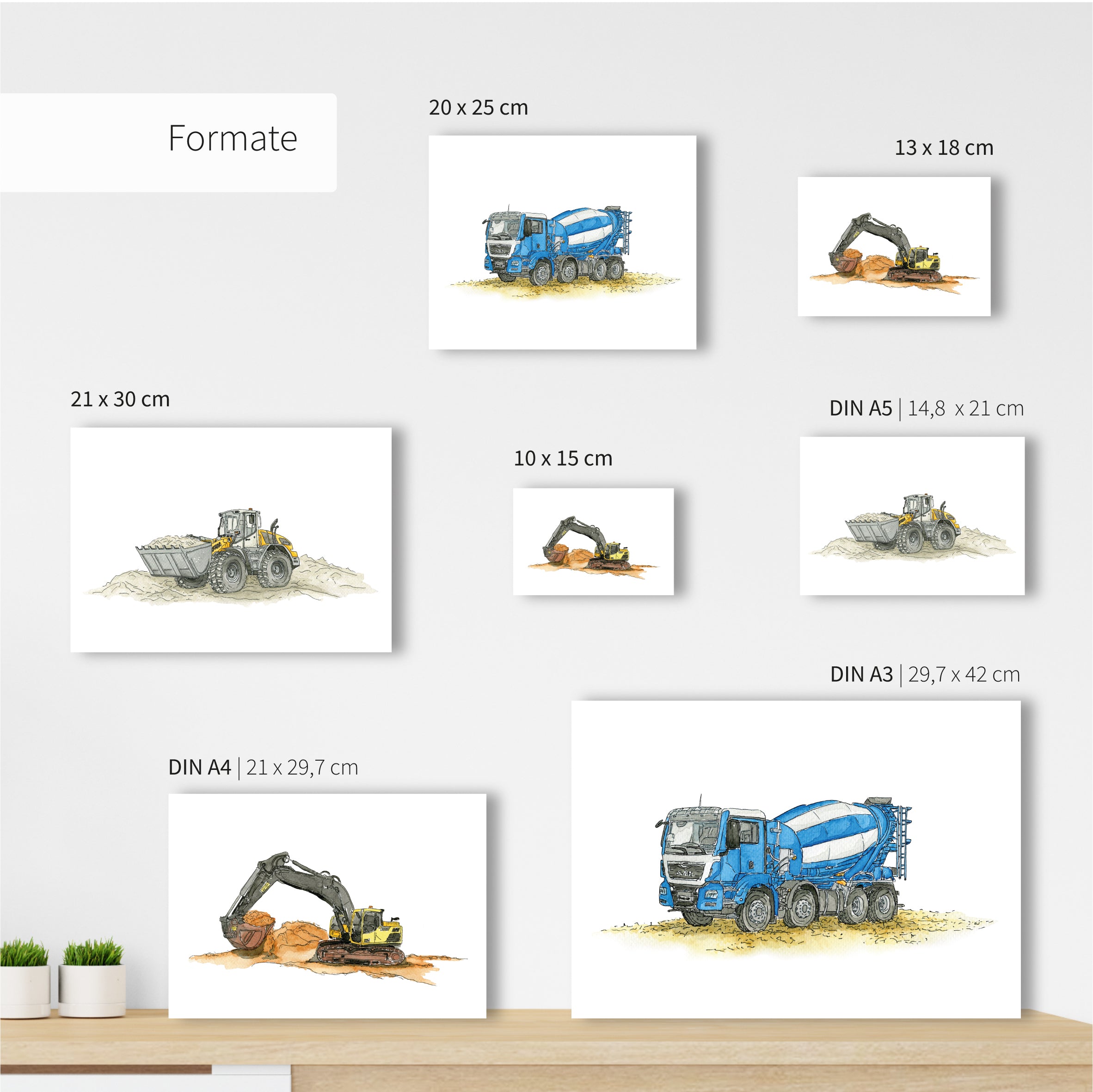 Vehicle Poster Set - Excavator, Loader and Tractor | 3 parts | personalised
