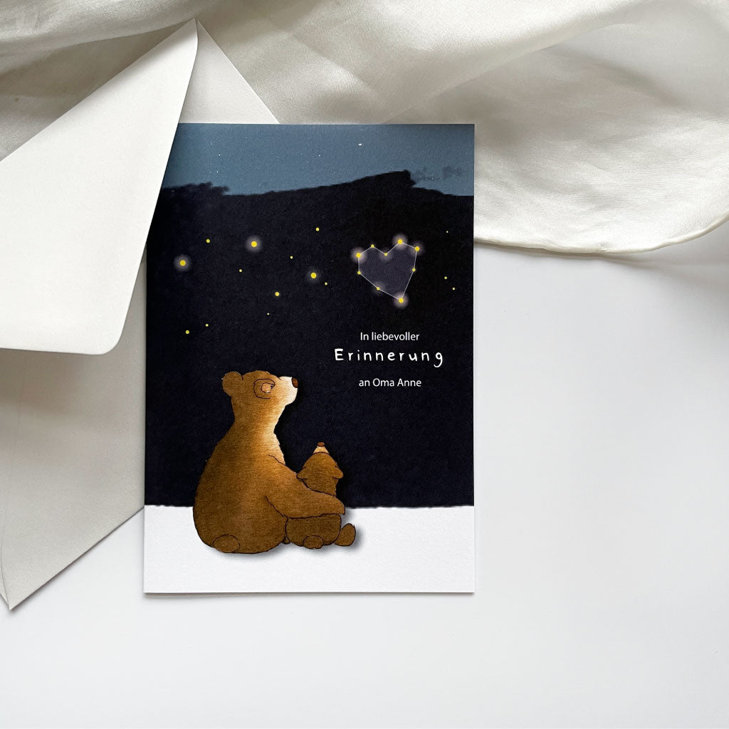 Trauerkarte Sternenkinder mit Bären, Sternenhimmel und aufgedrucktem Namen