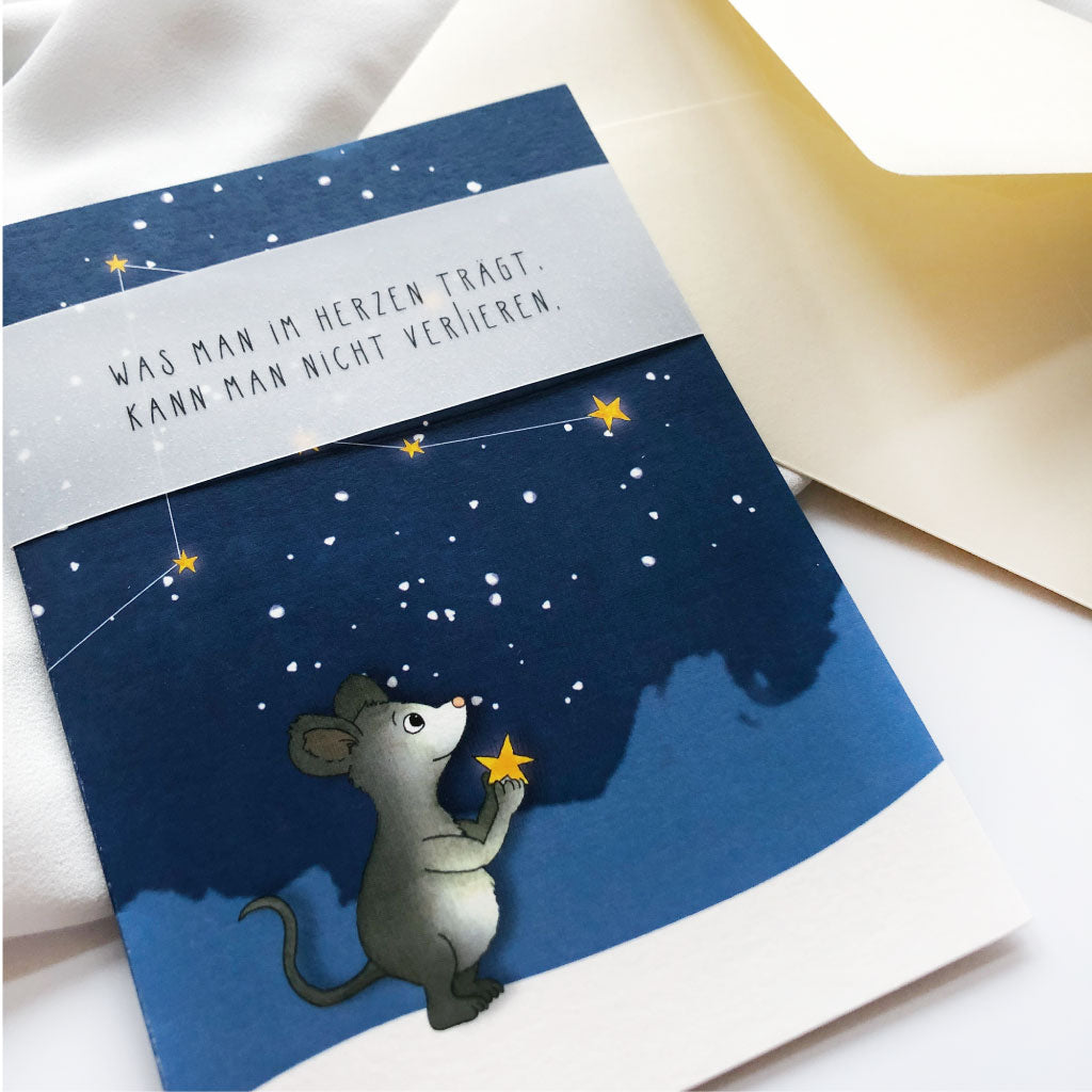 Trauerkarte für Kinder und Erwachsene mit Aquarell Motiv Maus und Sternenhimmel