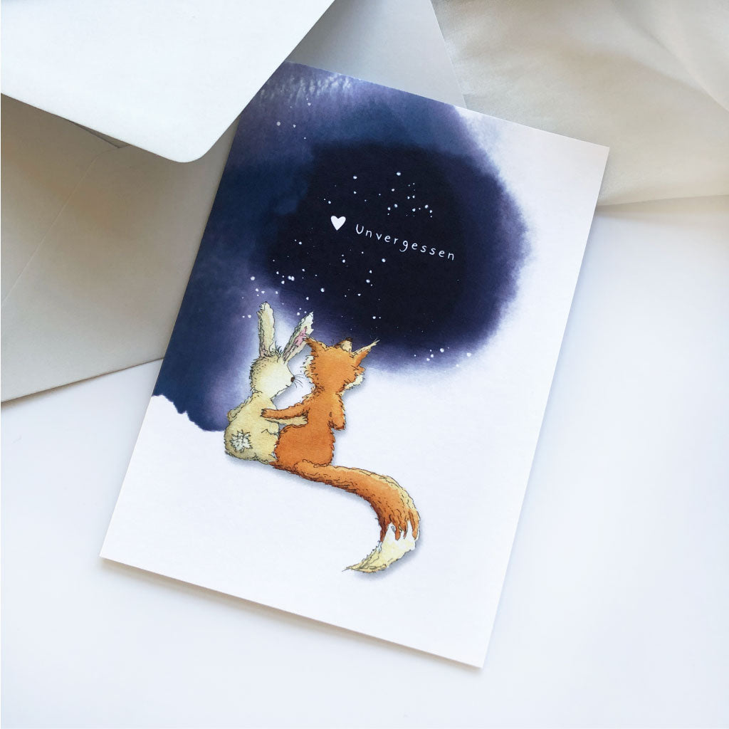 Beileidskarte für Sternenkinder mit Aquarell Motiv Fuchs und Hase und Sternehimmel