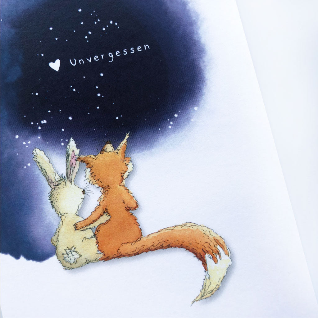 Aquarell Motiv mit sich umarmendem Fuchs und Hase