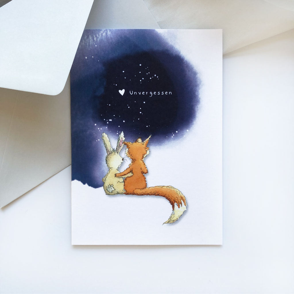 Beileidskarte für Sternenkinder und Erwachsene mit Motiv Fuchs und Hase
