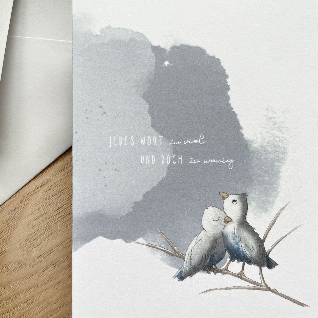 Beileidskarte mit Aquarell Vögeln auf grauem Hintergrund und Trauerworten