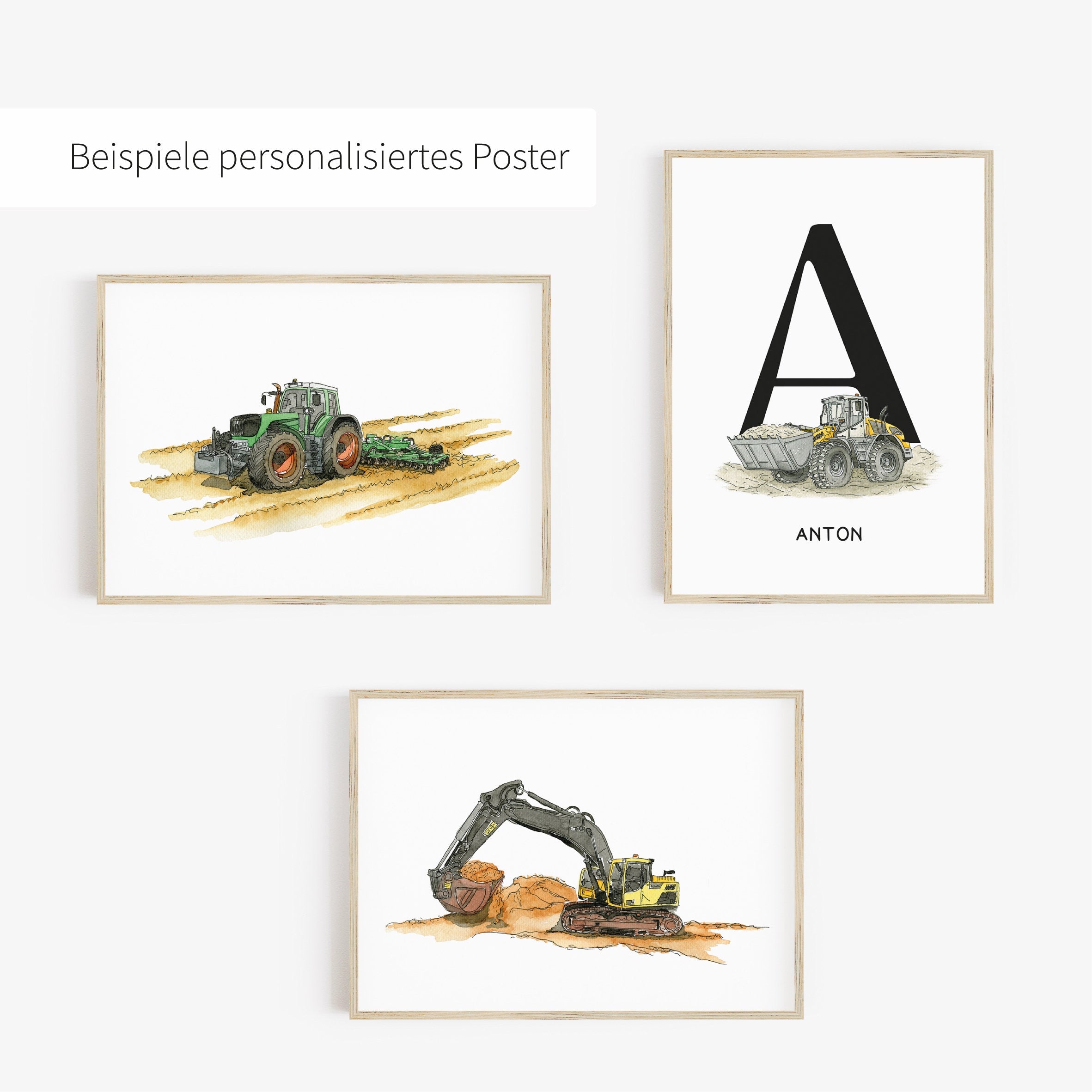 Fahrzeug Poster Set - Bagger | Radlader | Traktor | Initiale
